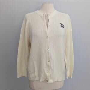 Vintage Women's Cross Stitch Purple Floral Label Sweater Size 44 fits XL USA